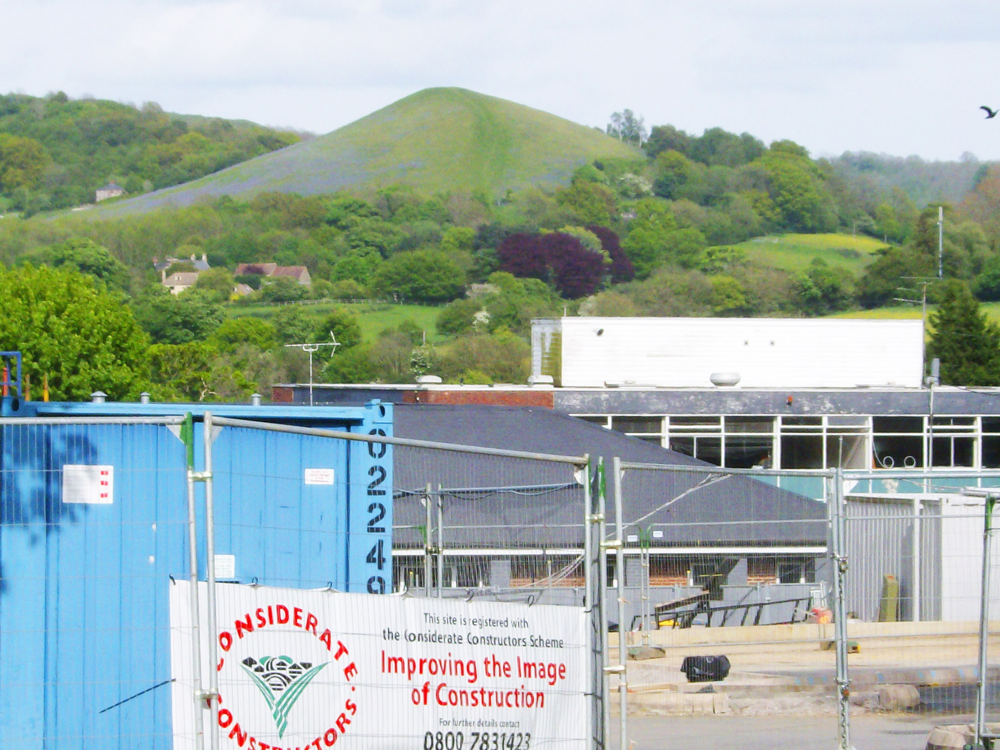 Bluebells on Cam Peak, Gloucestershire, with a construction site in the foreground